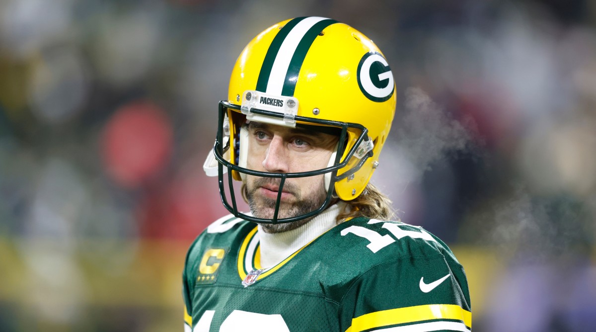 Packers quarterback Aaron Rodgers looks on from the field during pregame prior to the NFC Divisional playoff game against the 49ers.
