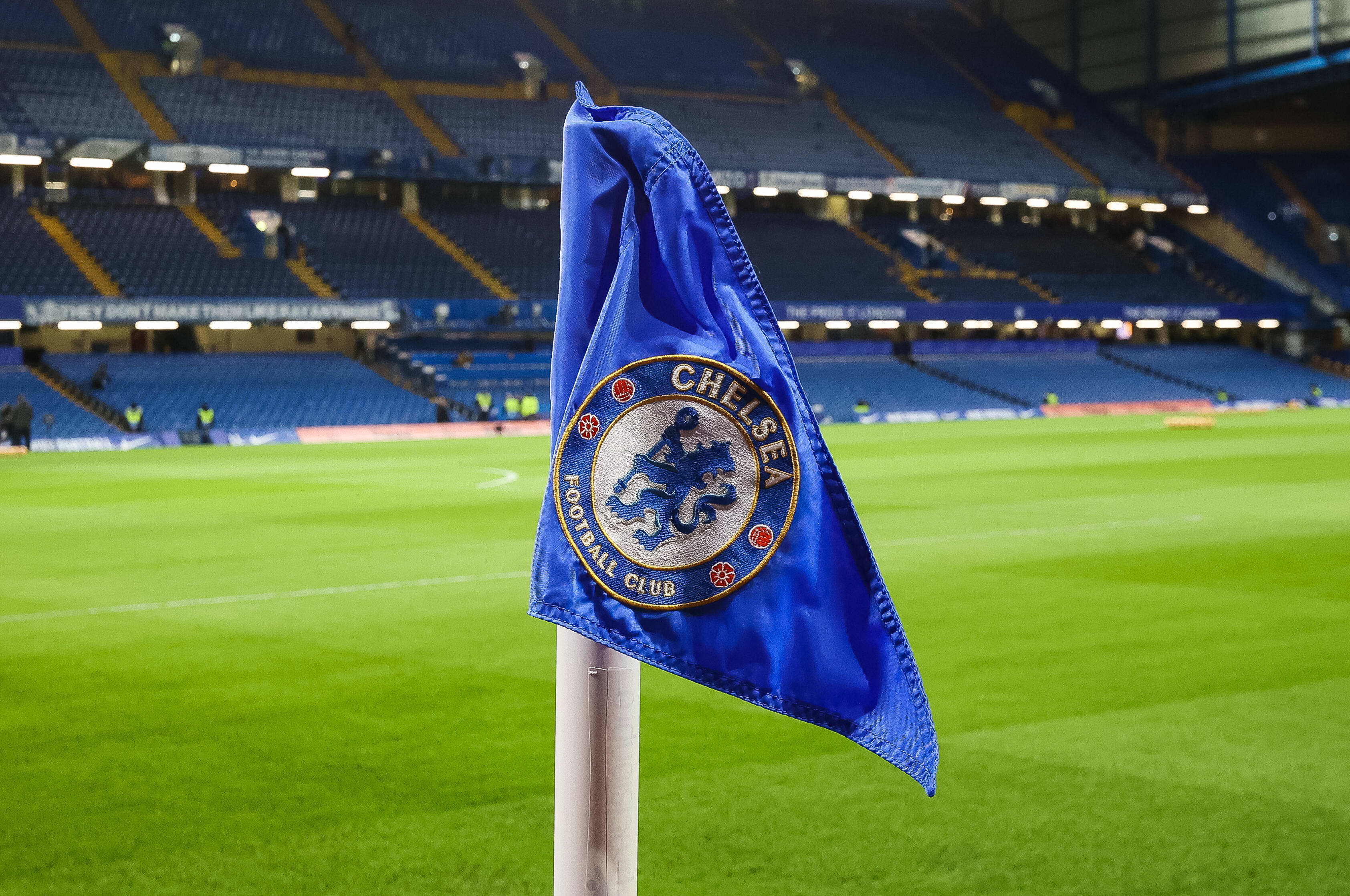 A general view of a Chelsea-branded corner flag at Stamford Bridge