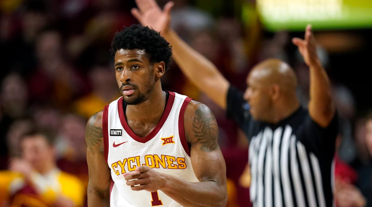 Iowa State guard Izaiah Brockington (1) reacts after making a 3-point basket during the second half of an NCAA college basketball game against West Virginia, Wednesday, Feb. 23, 2022, in Ames, Iowa.