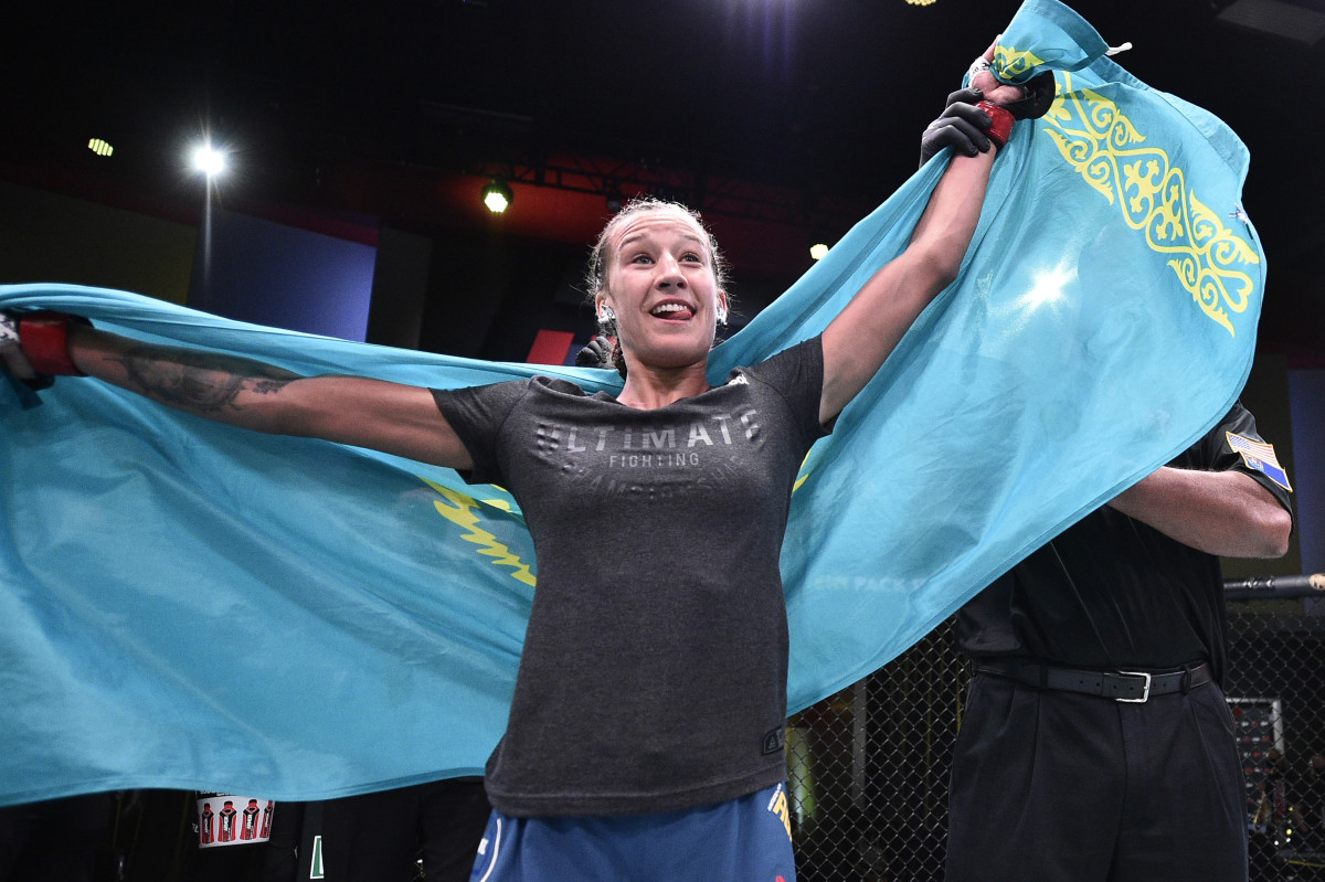 Mariya Agapova celebrates after her victory over Hannah Cifer at UFC Fight Night in 2020.