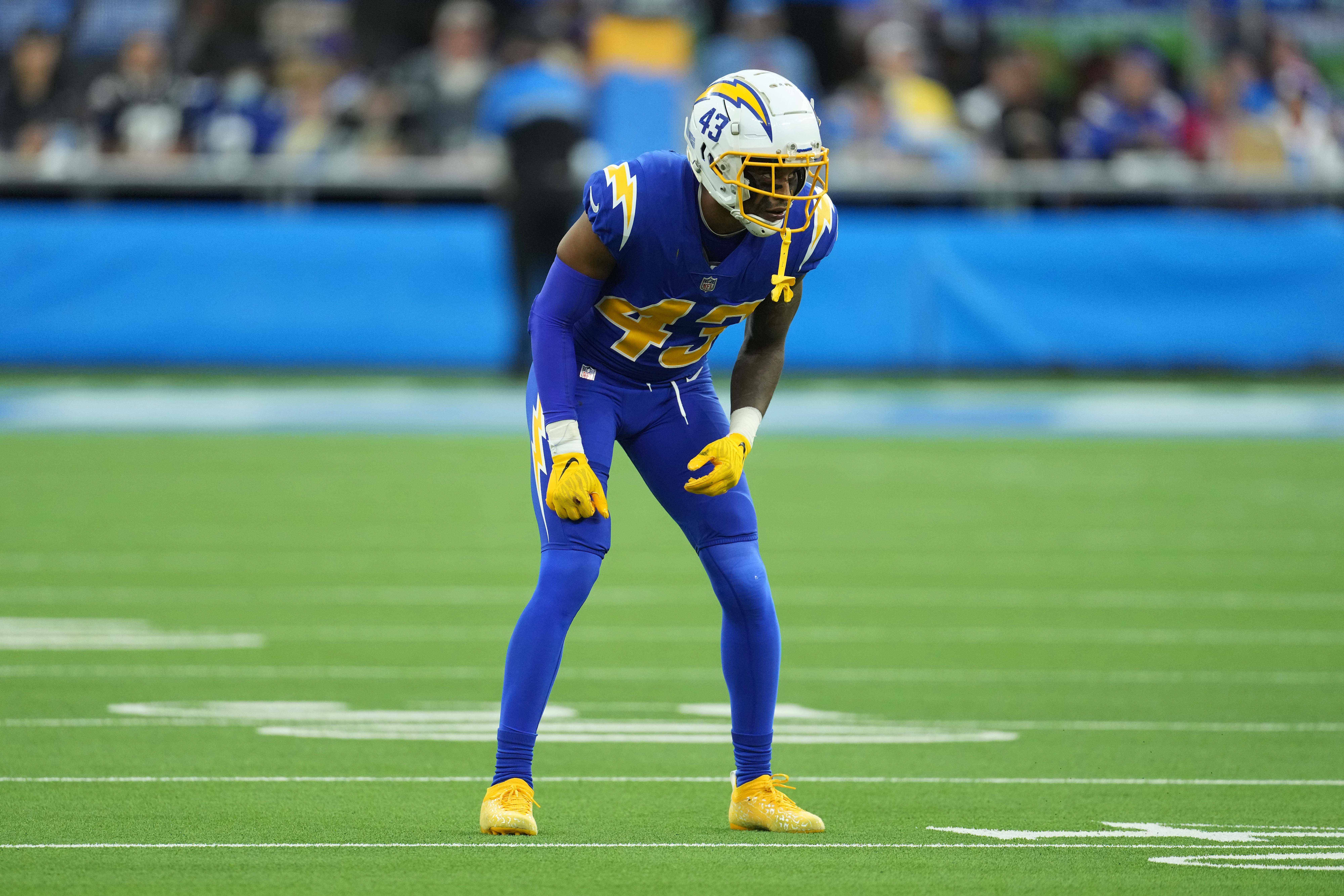 Dec 12, 2021; Inglewood, California, USA; Los Angeles Chargers cornerback Michael Davis (43) during the game against the New York Giants at SoFi Stadium. Mandatory Credit: Kirby Lee-USA TODAY Sports