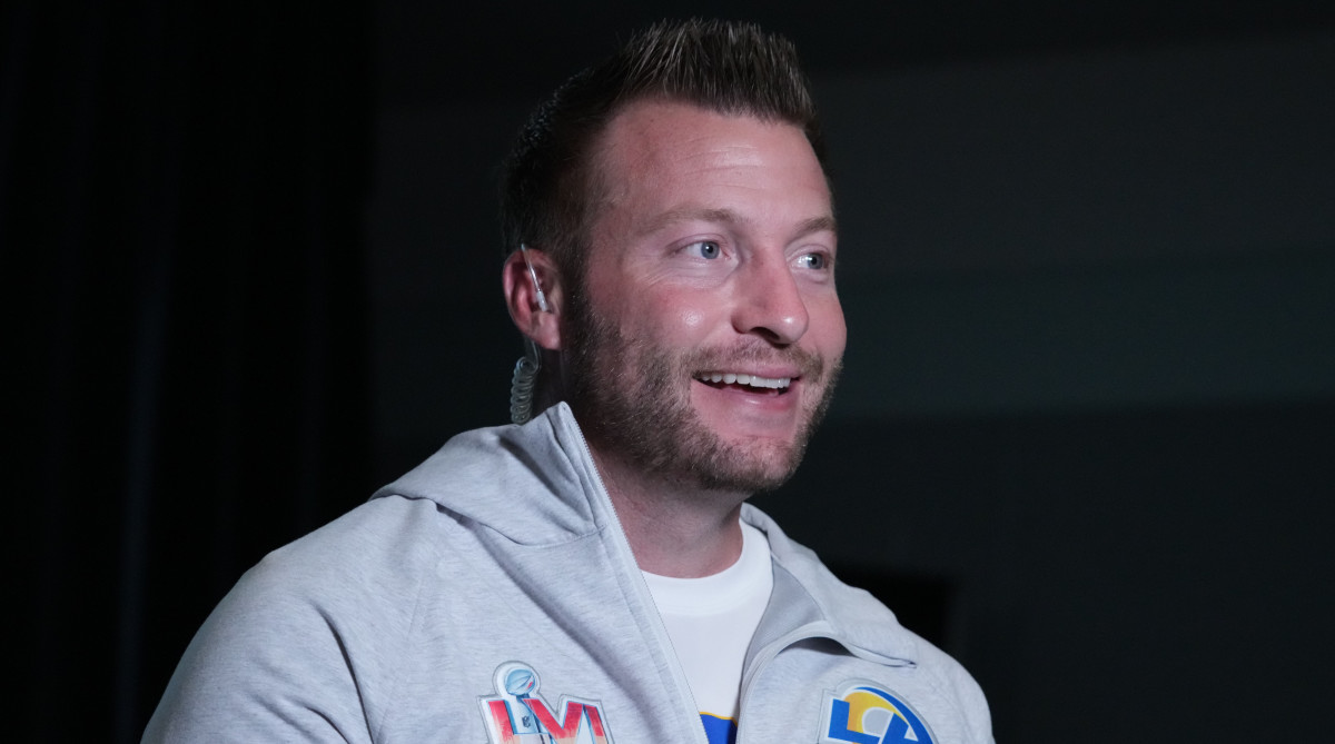 Feb 14, 2022; Los Angeles, CA, USA; Los Angeles Rams coach Sean McVay during Super Bowl LVI winning coach and most valuable player press conference at the Los Angeles Convention Center.