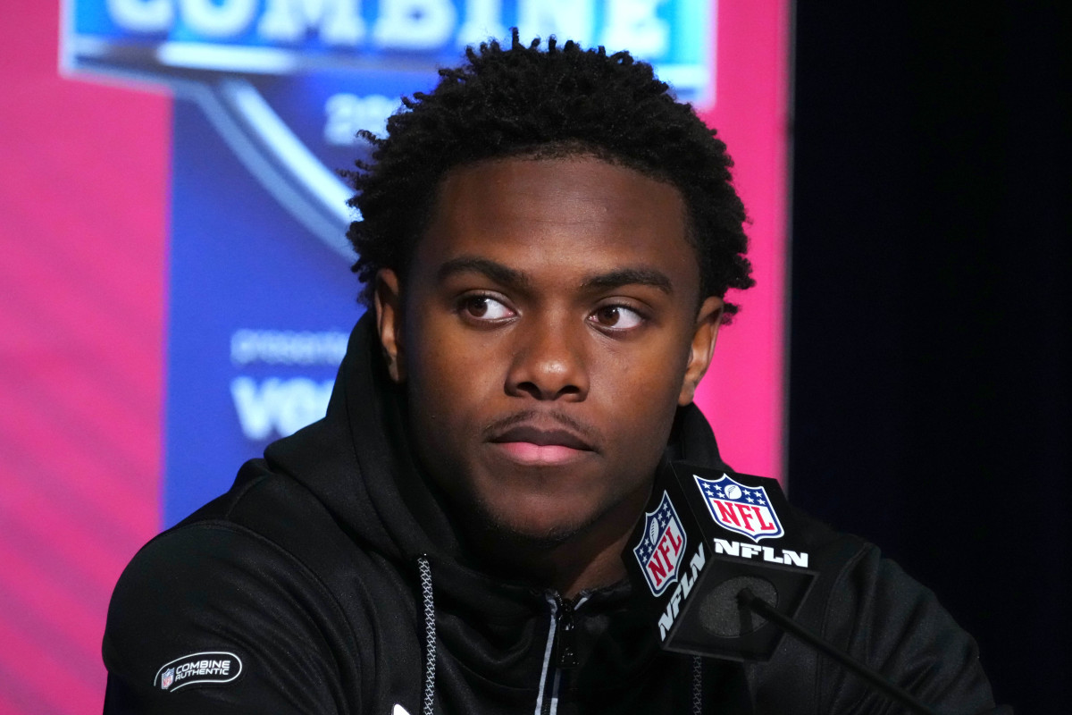 Mar 2, 2022; Indianapolis, IN, USA; Penn State Nittany Lions receiver Jahan Dotson during the NFL Combine at the Indiana Convention Center. Mandatory Credit: Kirby Lee-USA TODAY Sports