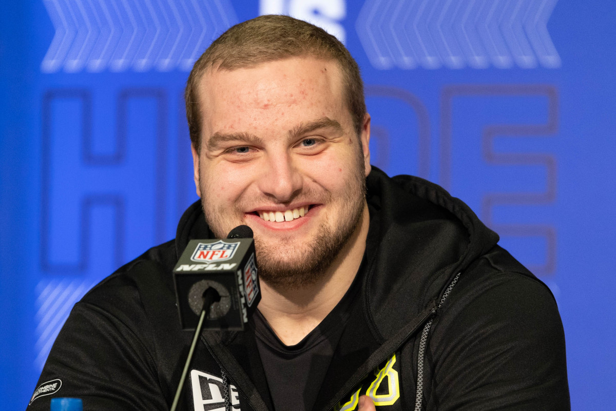 Mar 3, 2022; Indianapolis, IN, USA; Northern Iowa offensive lineman Trevor Penning talks to the media during the 2022 NFL Scouting Combine. Mandatory Credit: Trevor Ruszkowski-USA TODAY Sports