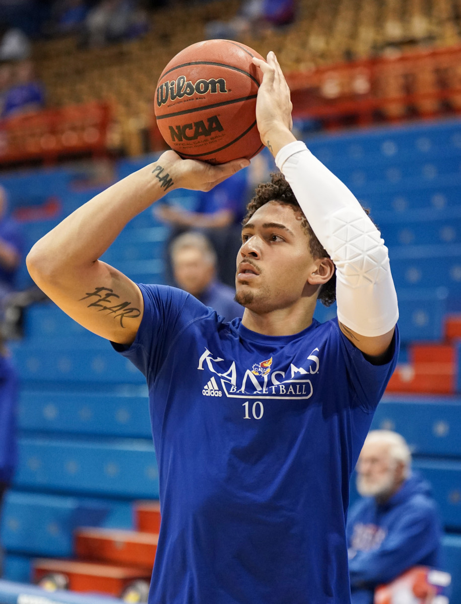 Mar 3, 2022; Lawrence, Kansas, USA; Kansas Jayhawks forward Jalen Wilson (10) warms up before the game against the TCU Horned Frogs at Allen Fieldhouse. Mandatory Credit: Denny Medley-USA TODAY Sports