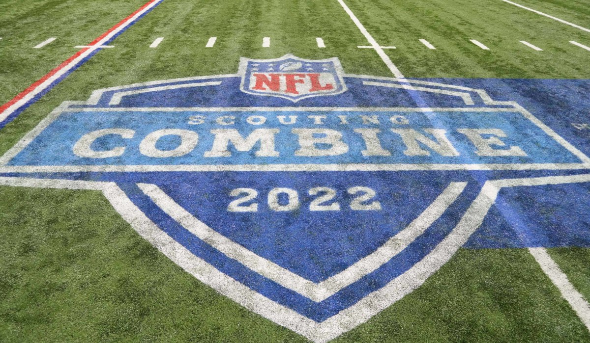 Mar 3, 2022; Indianapolis, IN, USA;General view of the NFL Scouting Combine logo on the field during the 2022 NFL Scouting Combine at Lucas Oil Stadium. Mandatory Credit: Kirby Lee-USA TODAY Sports