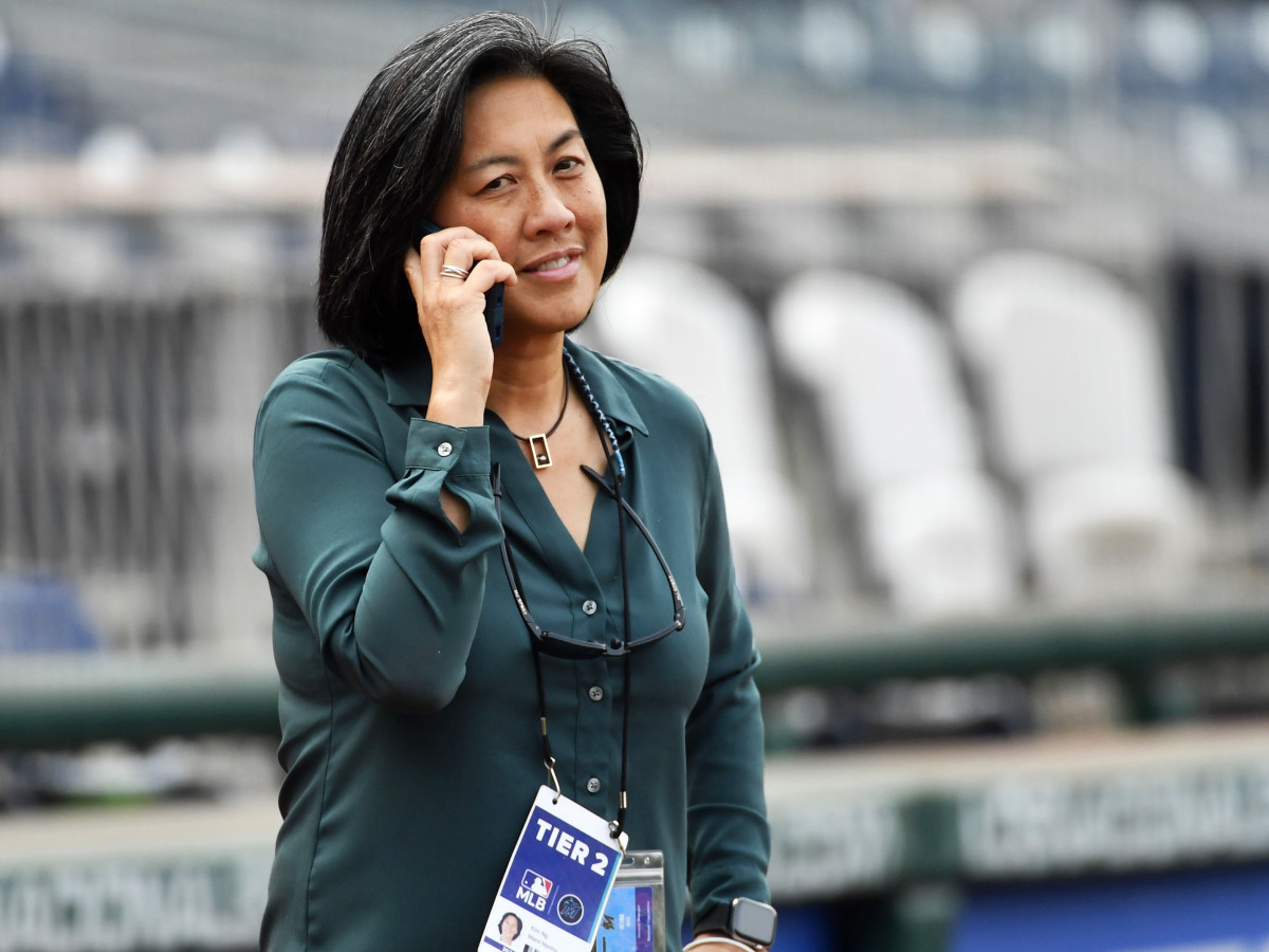 Jul 19, 2021; Washington, District of Columbia, USA; Miami Marlins general manager Kim Ng looks on from the field before a game against the Washington Nationals at Nationals Park.