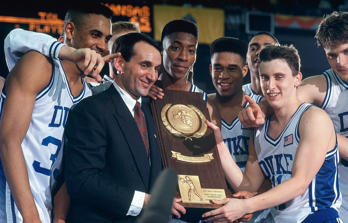 Coach K and Duke players celebrate their 1991 title.