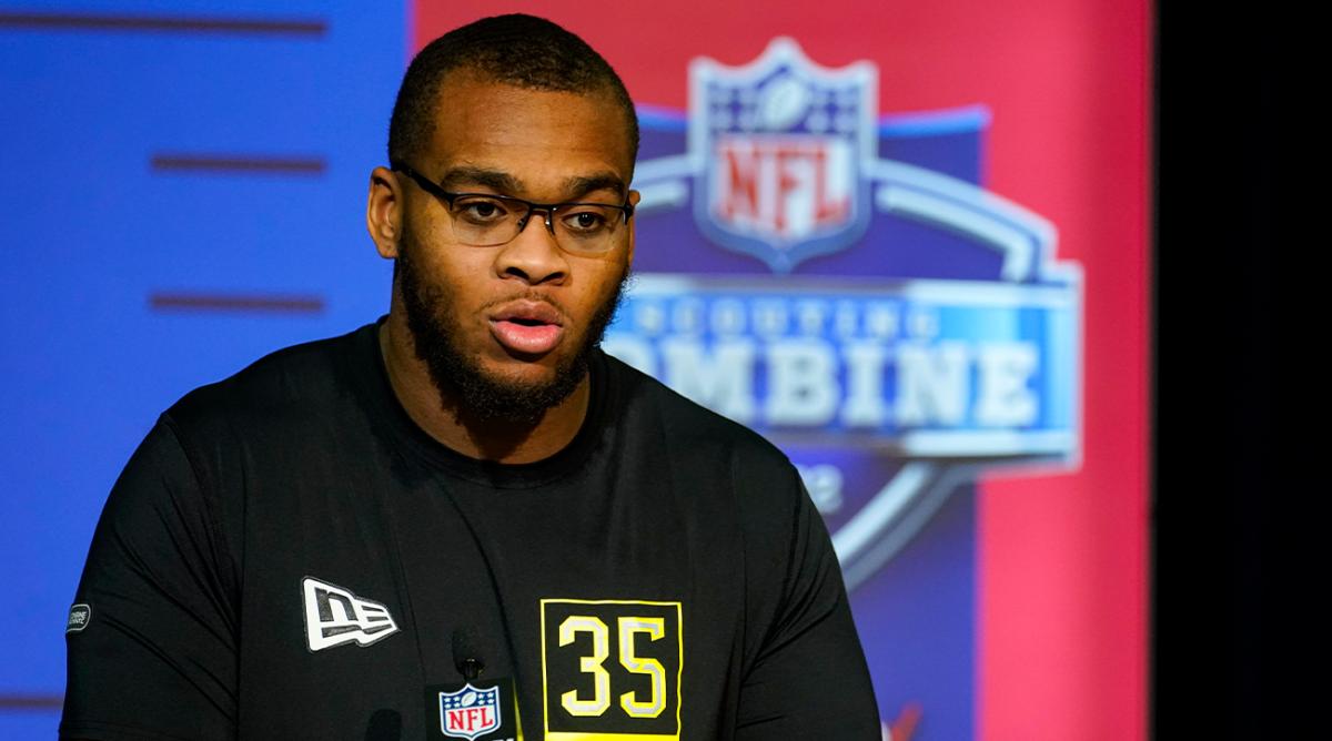 Alabama offensive lineman Evan Neal speaks during a press conference at the NFL football scouting combine in Indianapolis, Thursday, March 3, 2022.