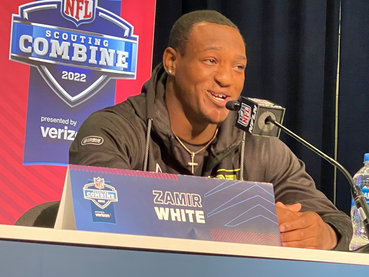 Georgia running back Zamir White fields questions from reporters at the 2022 NFL Combine in Indianapolis.
