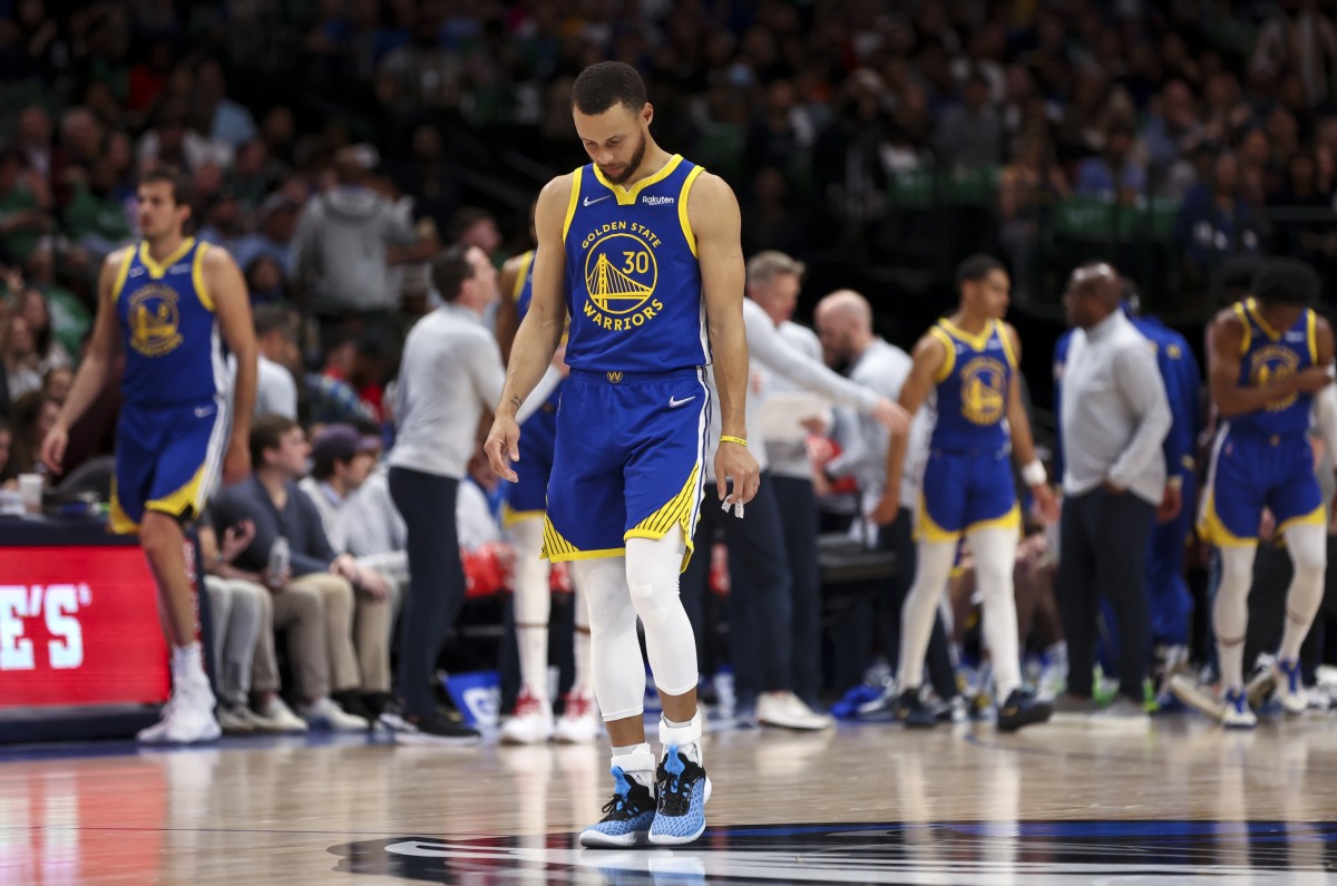 Mar 3, 2022; Dallas, Texas, USA; Golden State Warriors guard Stephen Curry (30) reacts during the second quarter against the Dallas Mavericks at American Airlines Center. Mandatory Credit: Kevin Jairaj-USA TODAY Sports