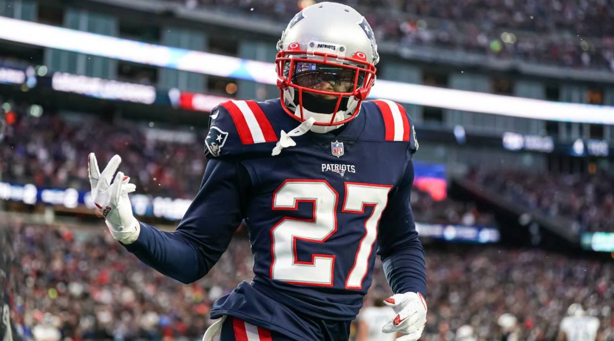 Nov 28, 2021; Foxborough, Massachusetts, USA; New England Patriots cornerback J.C. Jackson (27) reacts after intercepting a pass in the Tennessee Titans end zone in the second half at Gillette Stadium.