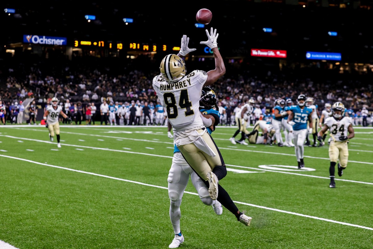 New Orleans Saints wide receiver Lil'Jordan Humphrey (84) catches a touchdown pass against Jacksonville. Mandatory Credit: Stephen Lew-USA TODAY Sports