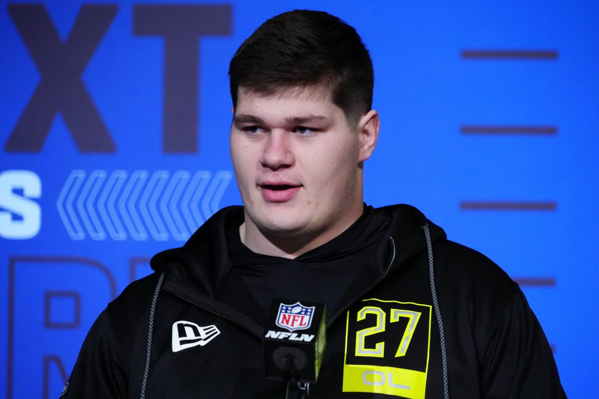Mar 3, 2022; Indianapolis, IN, USA; Iowa Hawkeyes offensive lineman Tyler Linderbaum during the NFL Scouting Combine at the Indiana Convention Center.