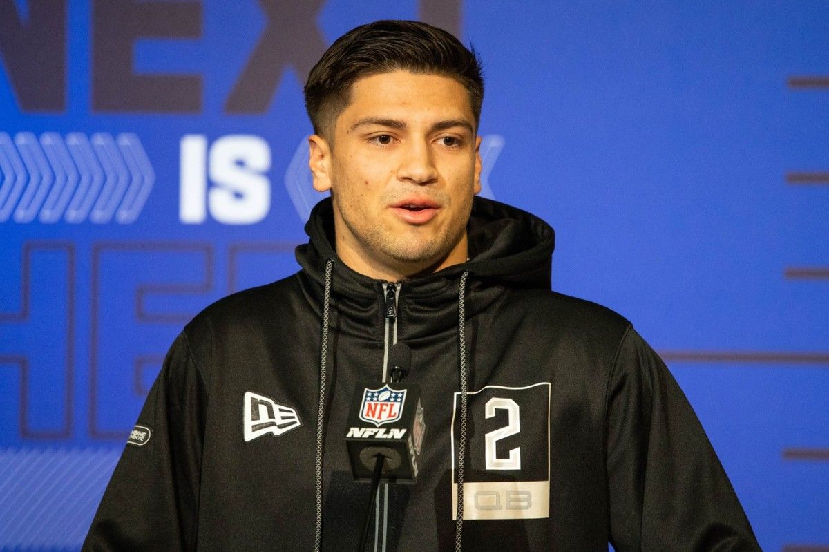 Mississippi quarterback Matt Corral talks to the media during the 2022 NFL Combine.