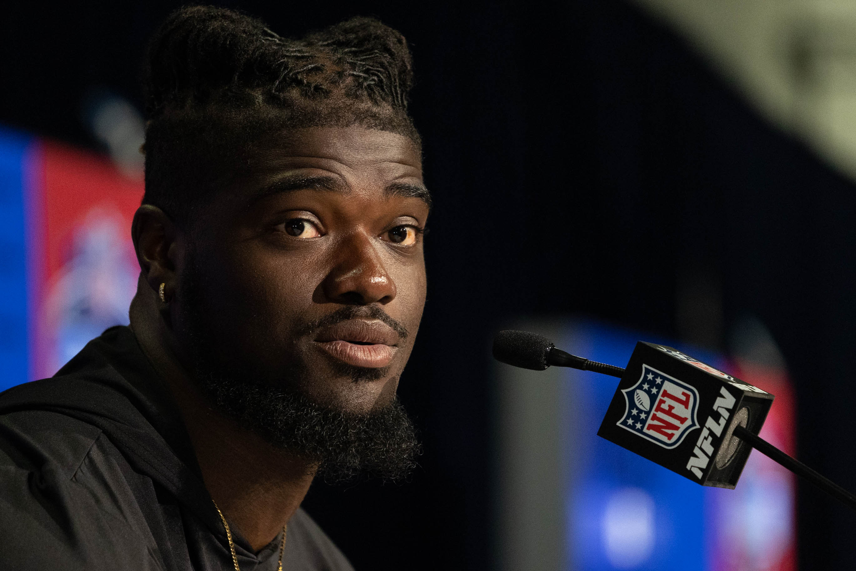 Mar 4, 2022; Indianapolis, IN, USA; Michigan defensive lineman David Ojabo (DL36) talks to the media during the 2022 NFL Combine. Mandatory Credit: Trevor Ruszkowski-USA TODAY Sports