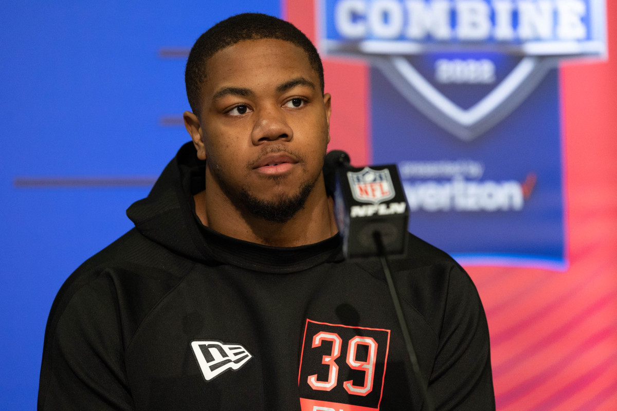 Alabama defensive lineman LaBryan Ray talks to the media during the 2022 NFL Combine.