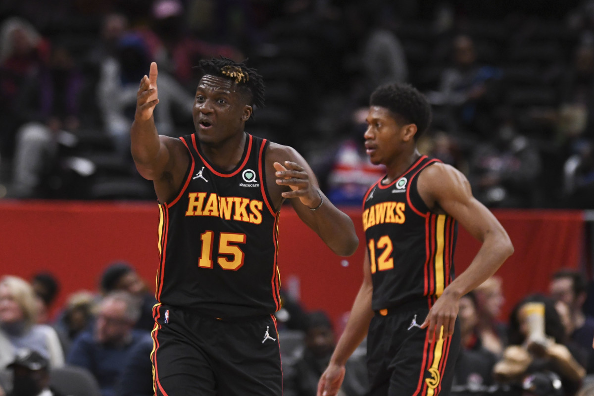 Mar 4, 2022; Washington, District of Columbia, USA; Atlanta Hawks center Clint Capela (15) reacts after a call during the first half against the Washington Wizards at Capital One Arena.