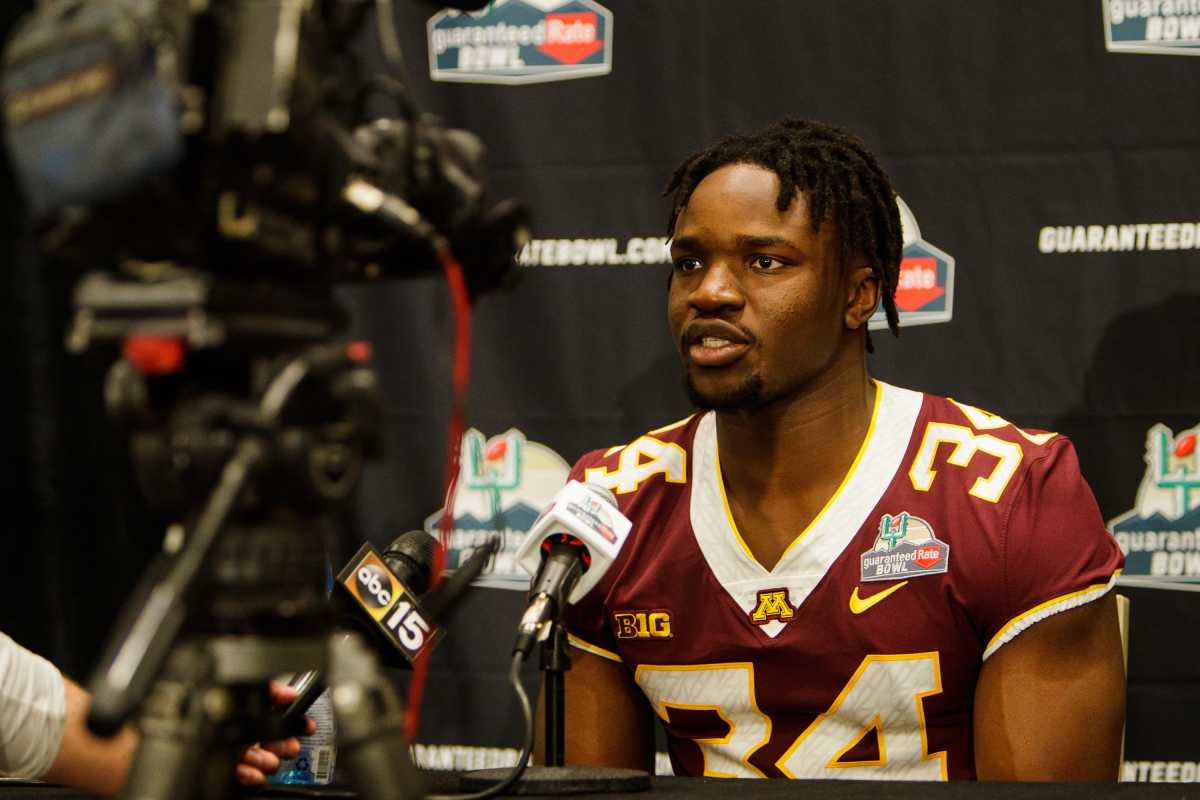 December 26, 2021; Scottsdale, AZ; Minnesota Defensive End, senior, Boye Mafe, answers questions at the Guaranteed Rate Bowl Media Day at Camelback Inn Ncaa Football Guaranteed Rate Bowl Media Day