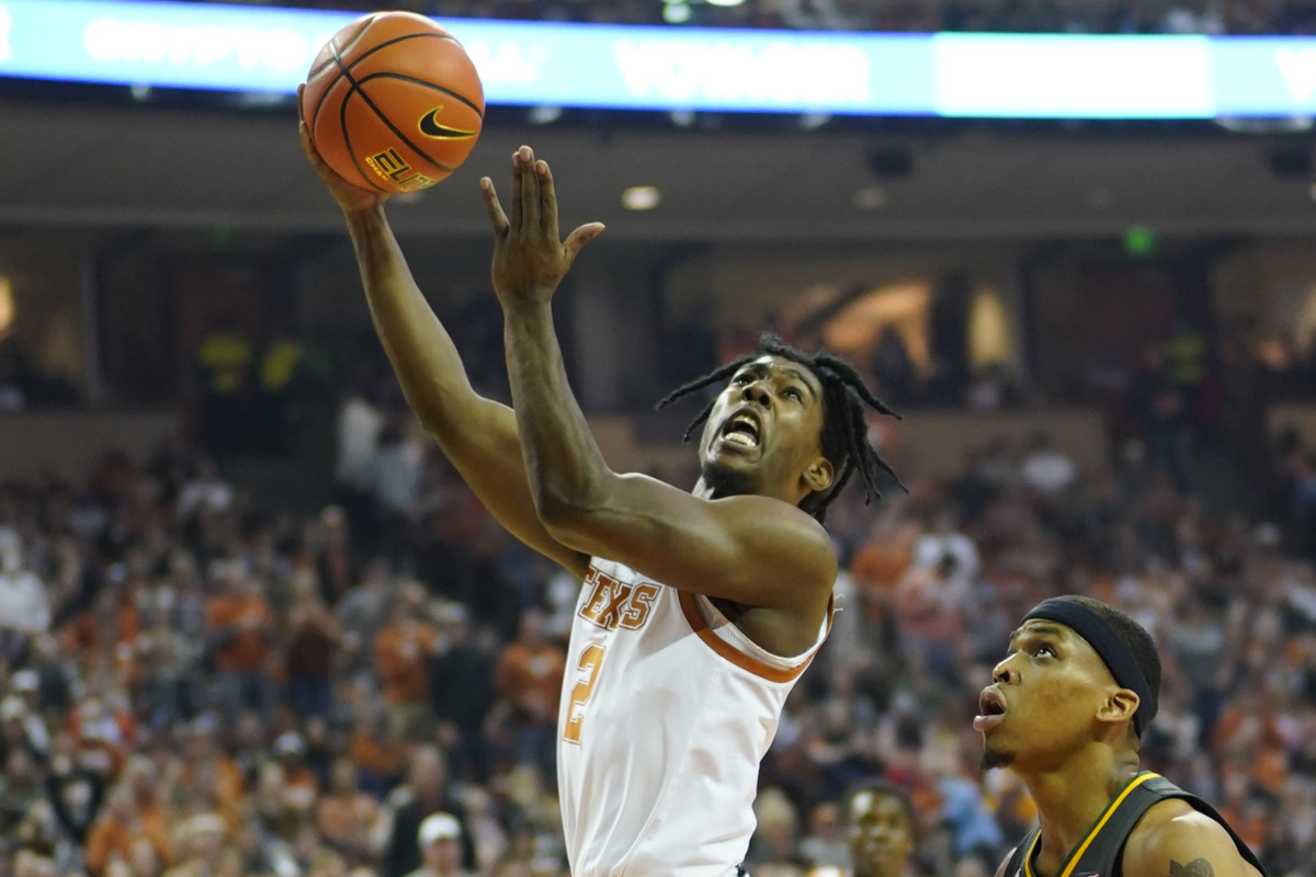 Feb 28, 2022; Austin, Texas, USA; Texas Longhorns guard Marcus Carr (2) drives to the basket during the first half against the Baylor Bears at Frank C. Erwin Jr. Center. Mandatory Credit: Scott Wachter-USA TODAY Sports