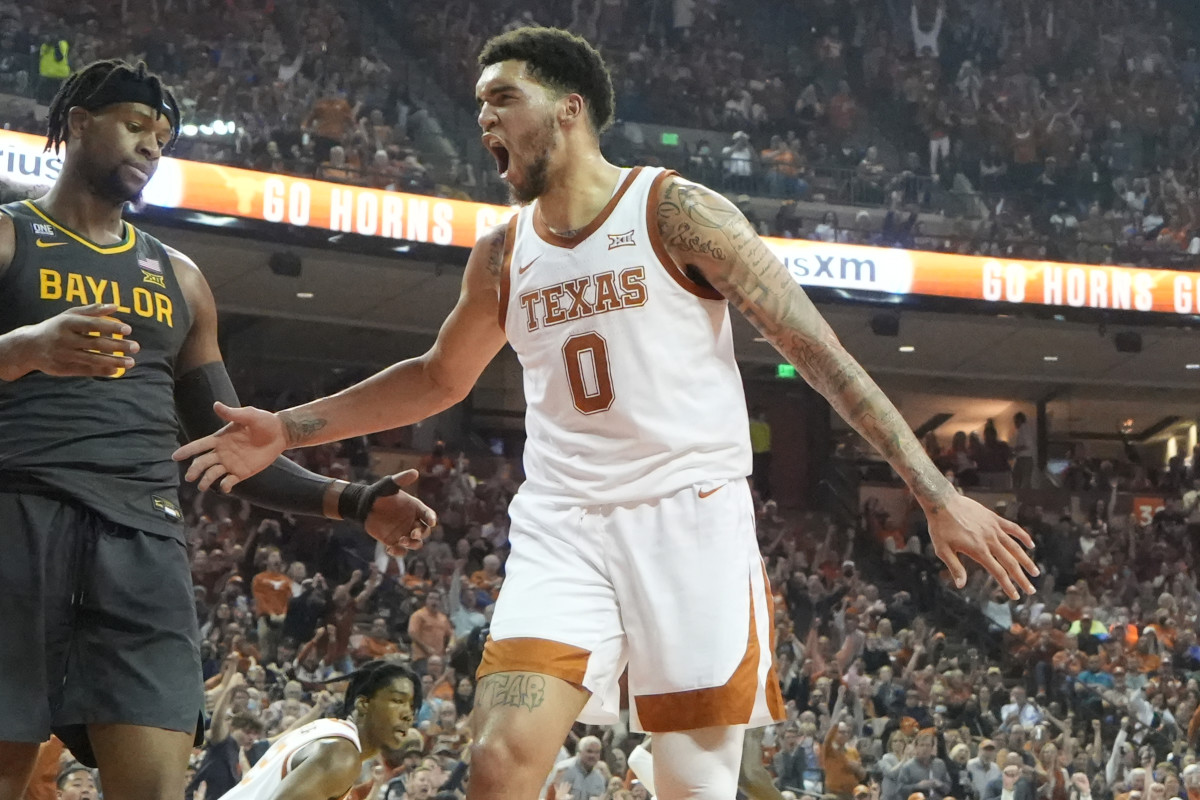 Feb 28, 2022; Austin, Texas, USA; Texas Longhorns forward Timmy Allen (0) reacts after scoring during the first half against the Baylor Bears at Frank C. Erwin Jr. Center. Mandatory Credit: Scott Wachter-USA TODAY Sports
