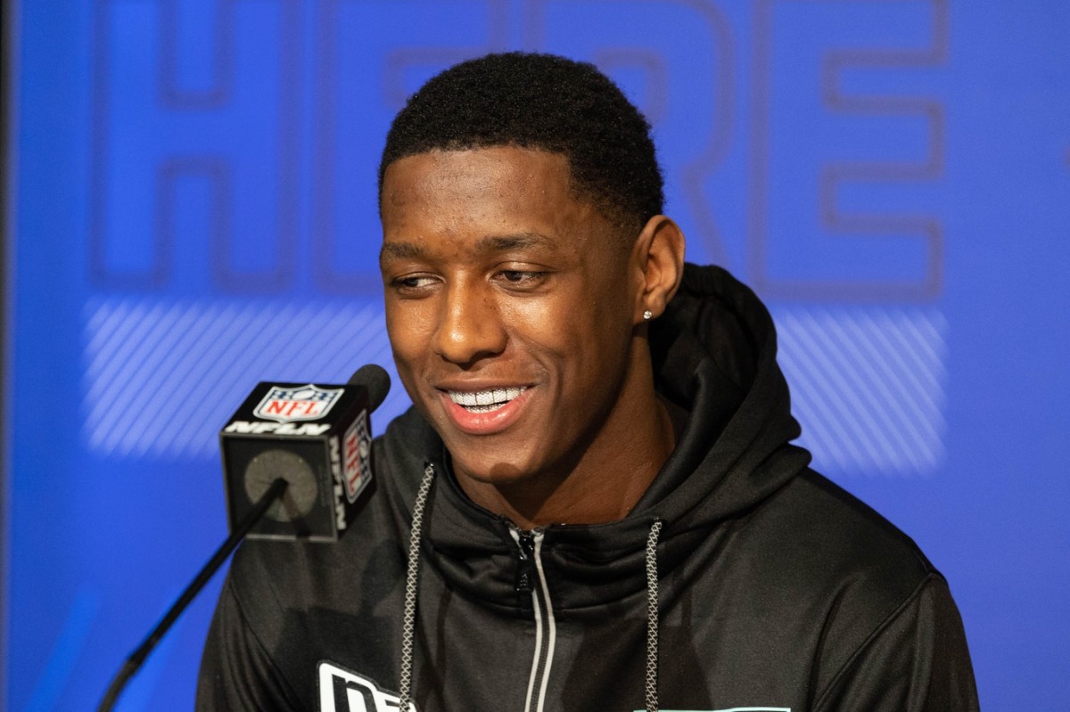 Mar 5, 2022; Indianapolis, IN, USA; Cincinnati defensive back Sauce Gardner (DB14) talks to the media during the 2022 NFL Scouting Combine at Lucas Oil Stadium.
