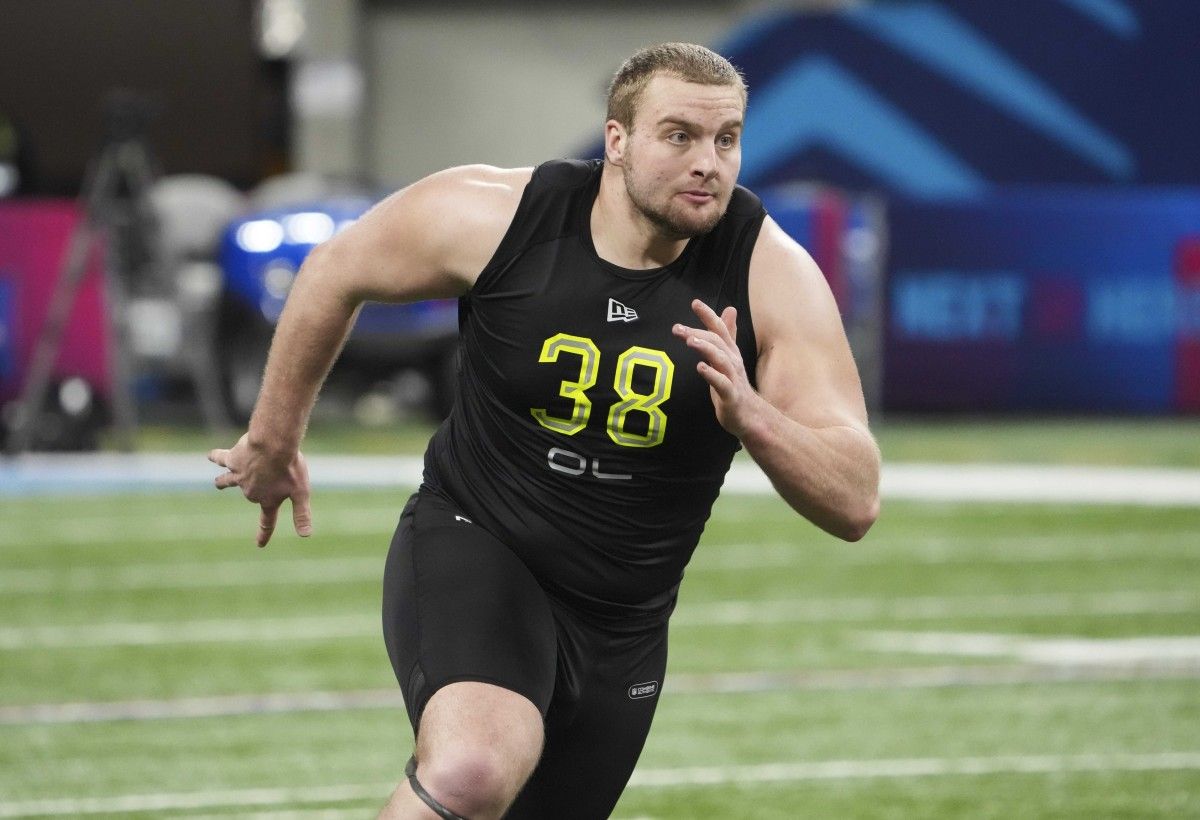 Northern Iowa offensive lineman Trevor Penning (OL38) goes through drills during the 2022 NFL Scouting Combine at Lucas Oil Stadium.