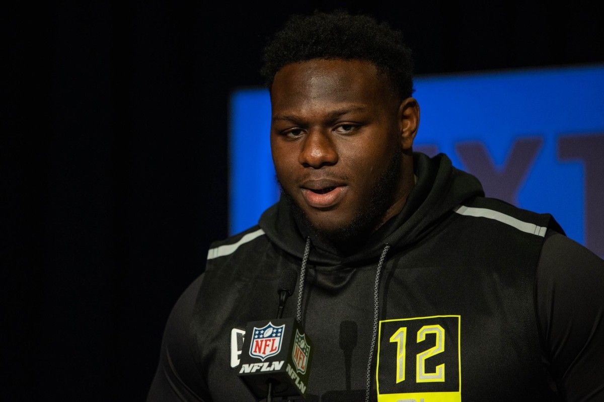 North Carolina State offensive lineman Ickey Ekwonu talks to the media during the 2022 NFL Scouting Combine.