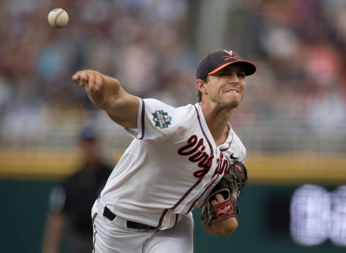 Virginia pitcher Griff McGarry throws a pitch against Mississippi St. in the second inning during the NCAA Men's College World Series on June 22, 2021.