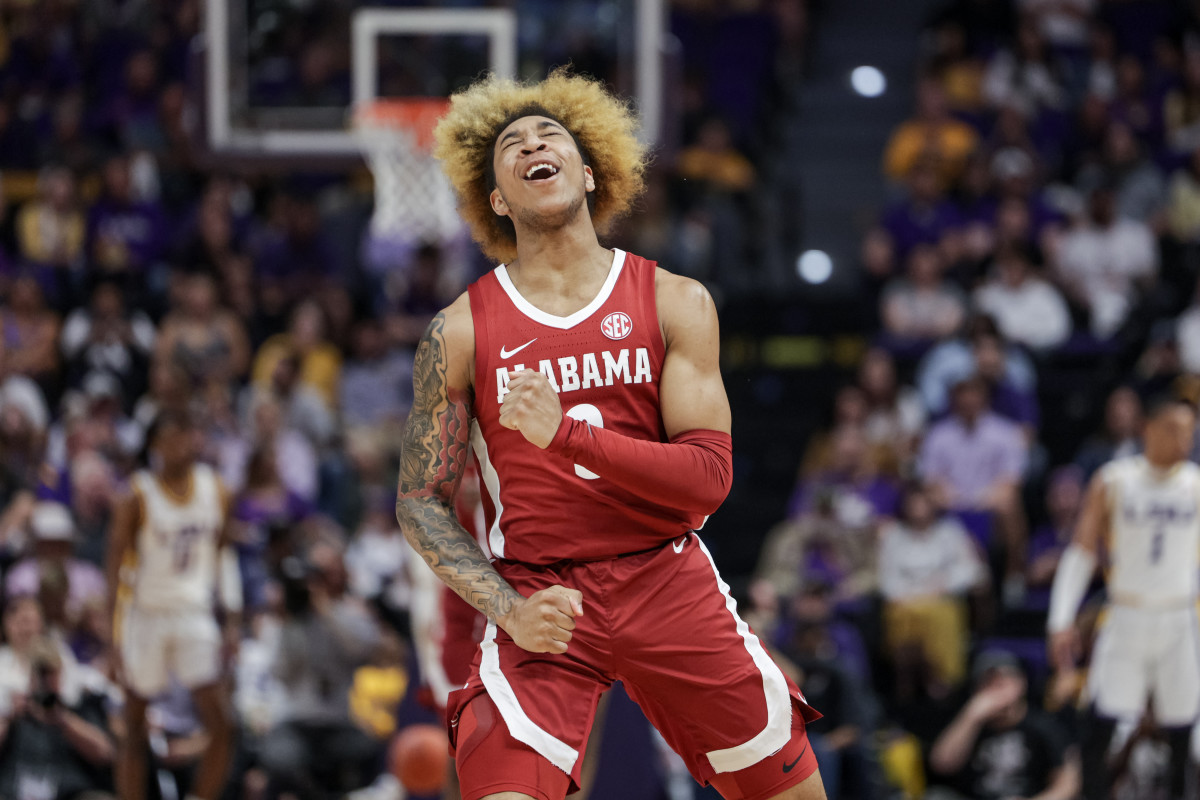 Alabama Crimson Tide guard JD Davison (3) reacts after making a three point basket against the LSU Tigers during the first half at the Pete Maravich Assembly Center.