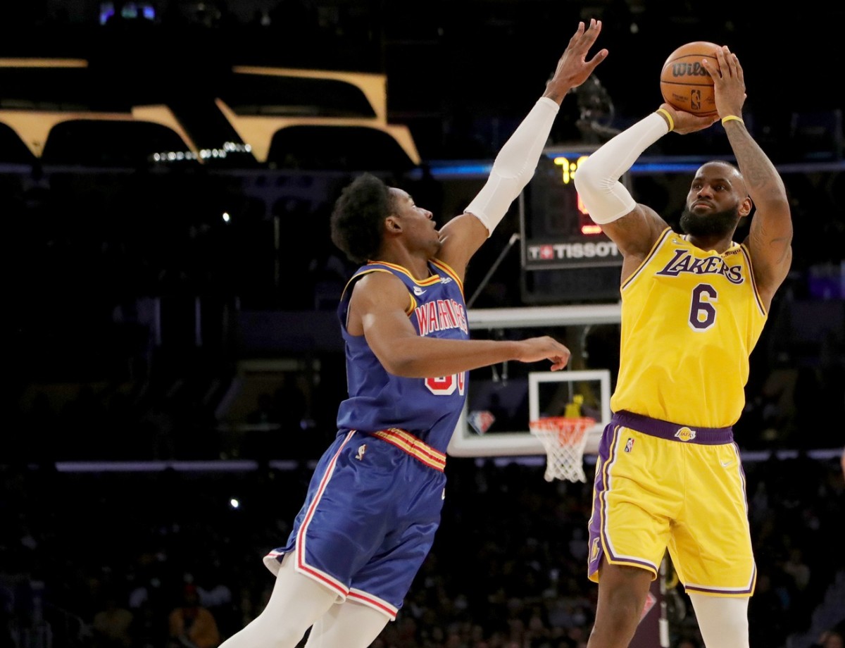 Mar 5, 2022; Los Angeles, California, USA; Los Angeles Lakers forward LeBron James (6) shoots during the fourth quarter against the Golden State Warriors at Crypto.com Arena. The Lakers won 124-116. Mandatory Credit: Kiyoshi Mio-USA TODAY Sports