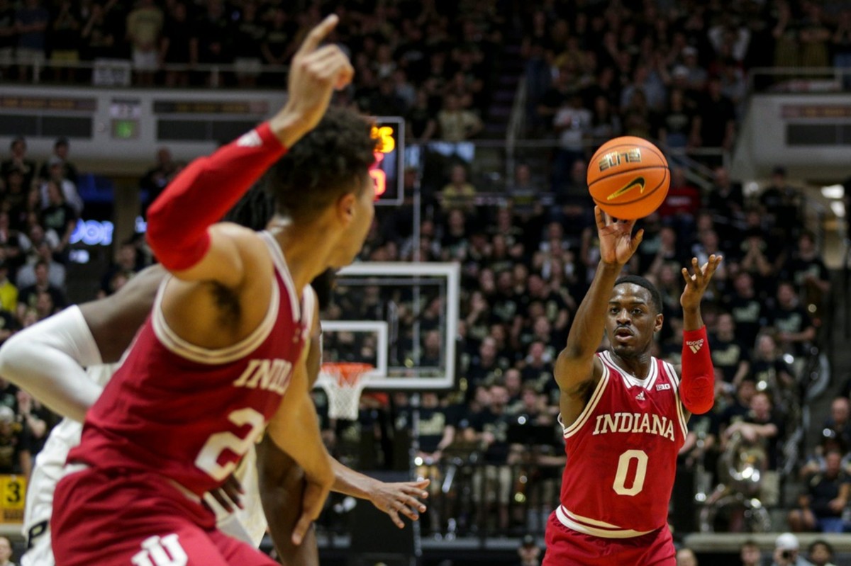 Indiana guard Xavier Johnson (0) passes the ball to Indiana forward Trayce Jackson-Davis (23) during the first half Saturday at Purdue (USA TODAY Sports)