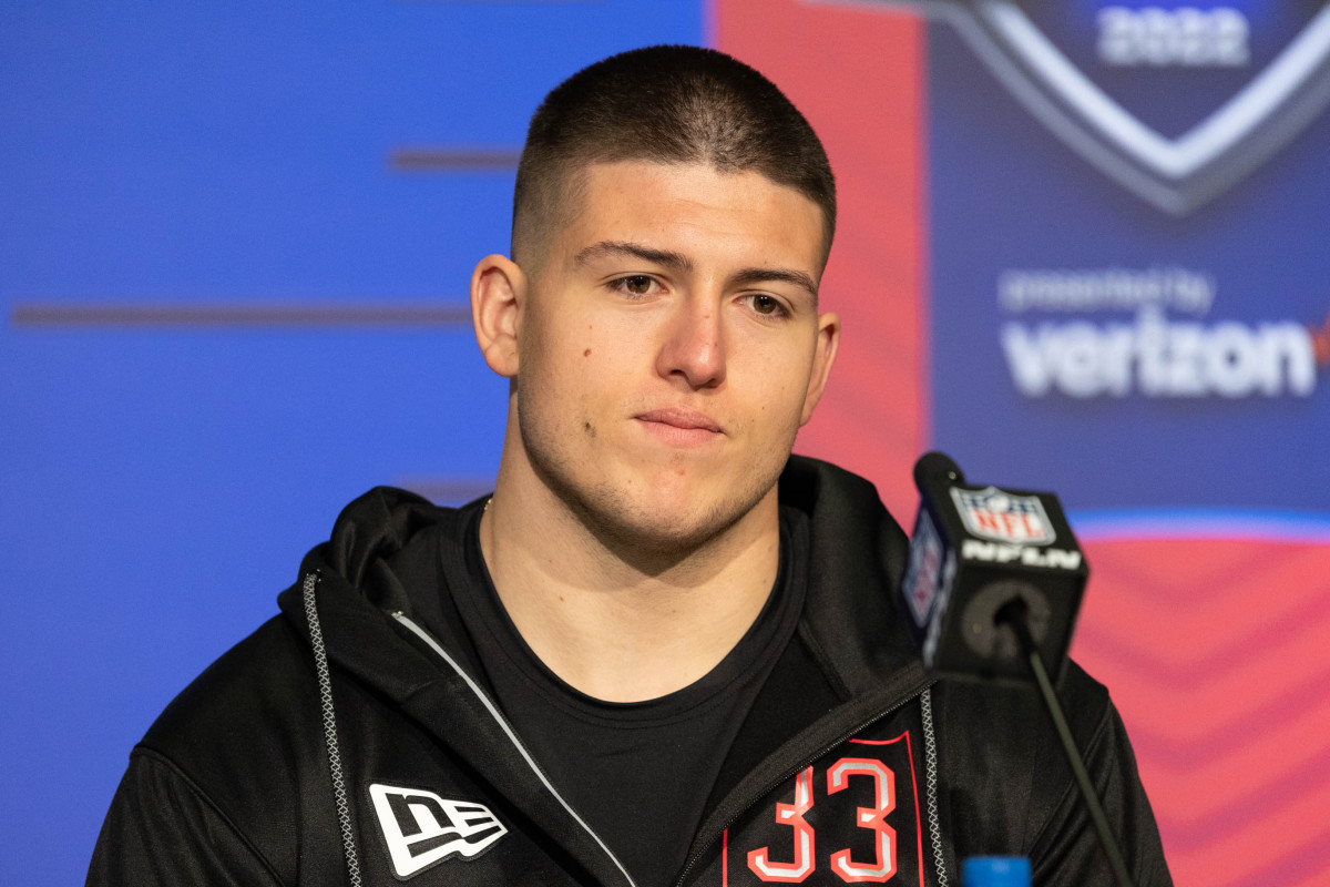 Mar 4, 2022; Indianapolis, IN, USA; Purdue defensive lineman George Karlaftis (DL33) talks to the media during the 2022 NFL Combine. Mandatory Credit: Trevor Ruszkowski-USA TODAY Sports