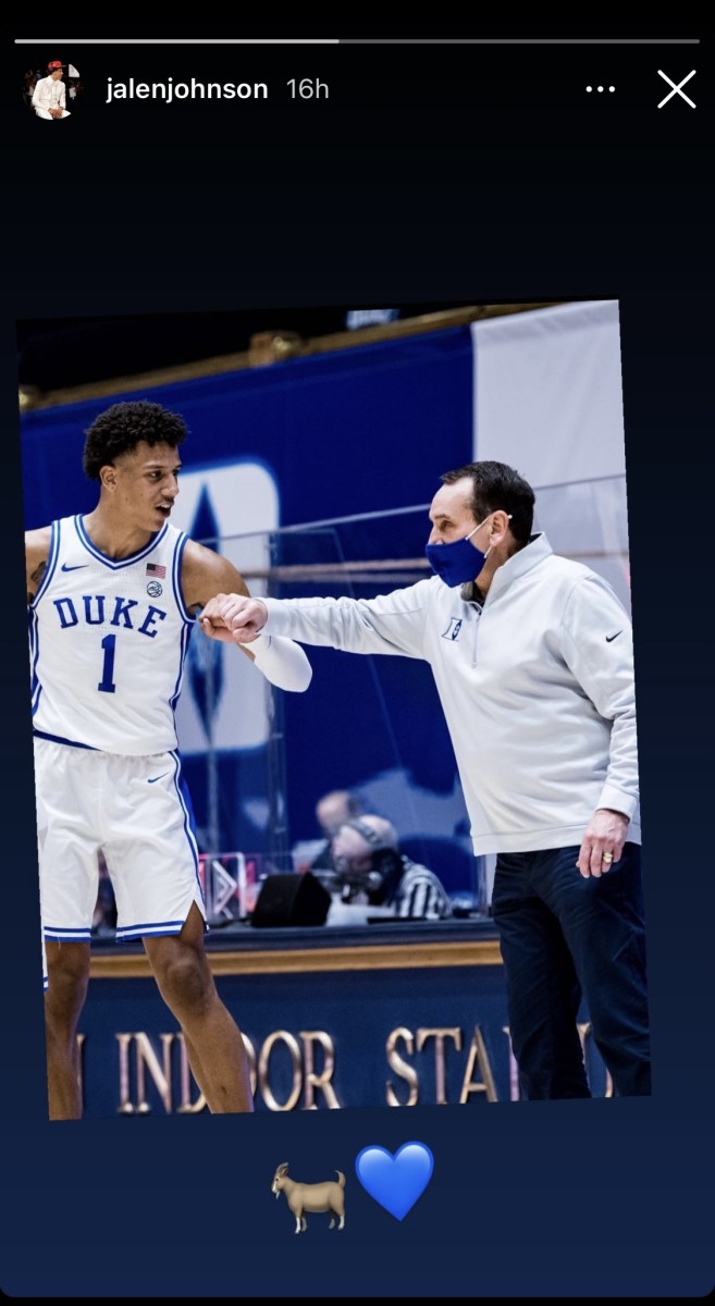 Jalen Johnson showed love to Mike Krzyzewski by posting a story to his official Instagram account.