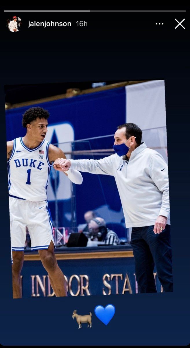 Jalen Johnson showed love to Mike Krzyzewski by posting a story to his official Instagram account.