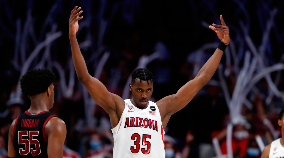 Arizona Wildcats center Christian Koloko (35) reacts after a dunk during the second half against the Stanford Cardinals