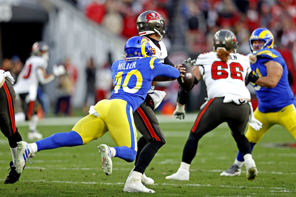 Jan 23, 2022; Tampa, Florida, USA; Los Angeles Rams outside linebacker Von Miller (40) forces a fumble by Tampa Bay Buccaneers quarterback Tom Brady (12) during the second half in a NFC Divisional playoff football game at Raymond James Stadium. Mandatory Credit: Nathan Ray Seebeck-USA TODAY Sports
