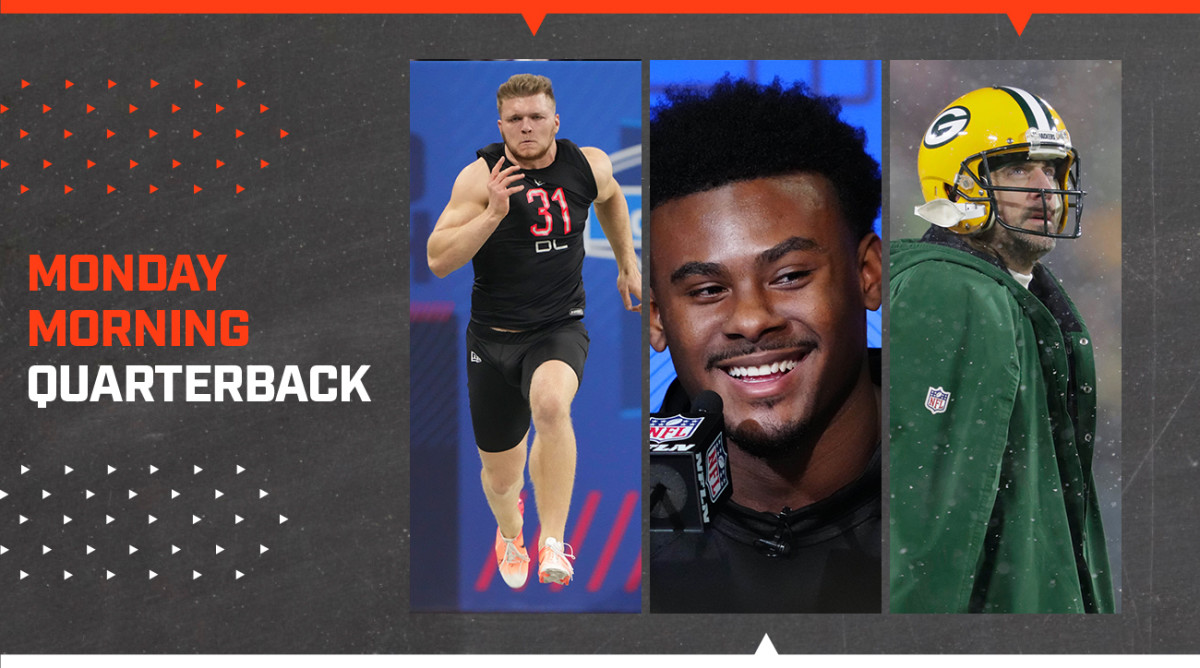 Three-box of Michigan defensive lineman Aidan Hutchinson (DL31) running the 40-yard dash during the 2022 NFL combine, Liberty quarterback Malik Willis during the NFL combine and Green Bay Packers quarterback Aaron Rodgers.