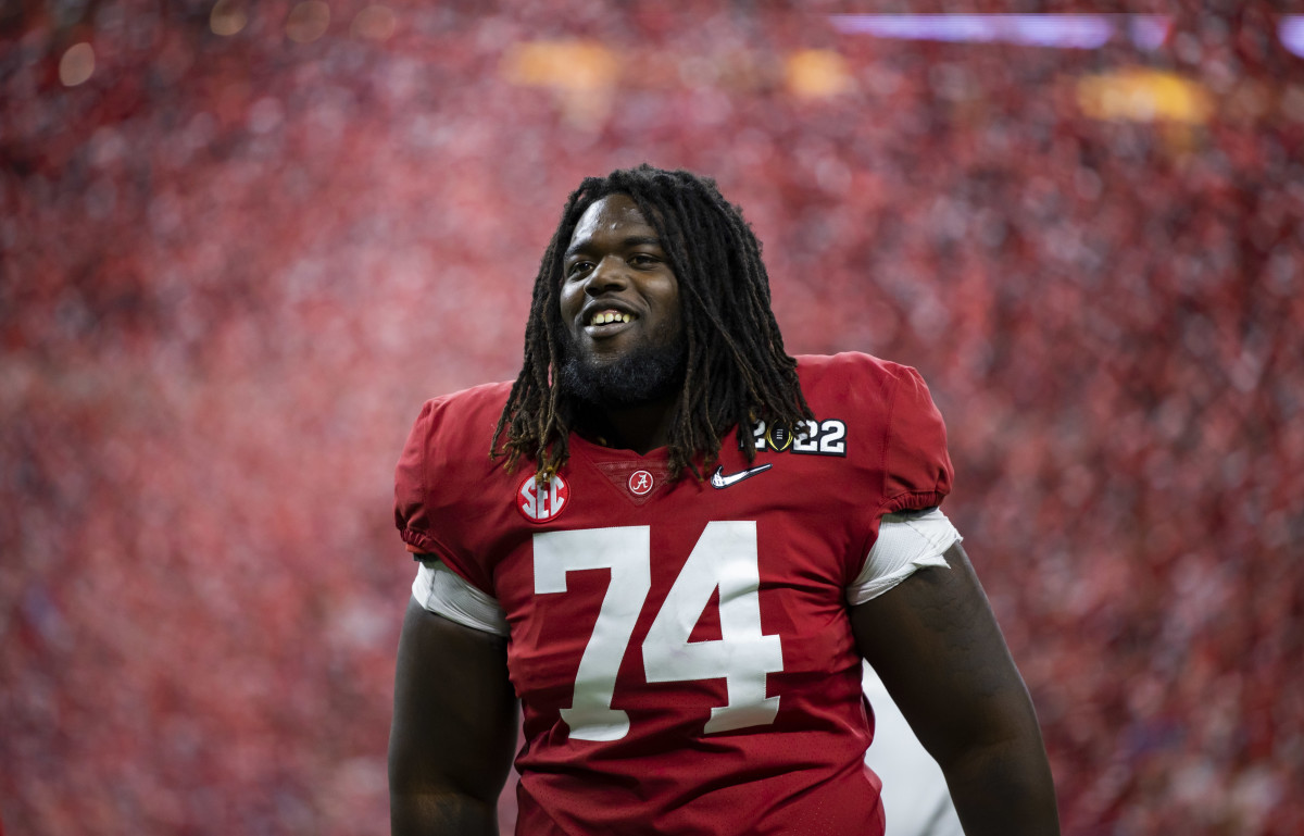 Alabama Crimson Tide offensive lineman Damieon George Jr. (74) against the Georgia Bulldogs in the 2022 CFP college football national championship game at Lucas Oil Stadium.