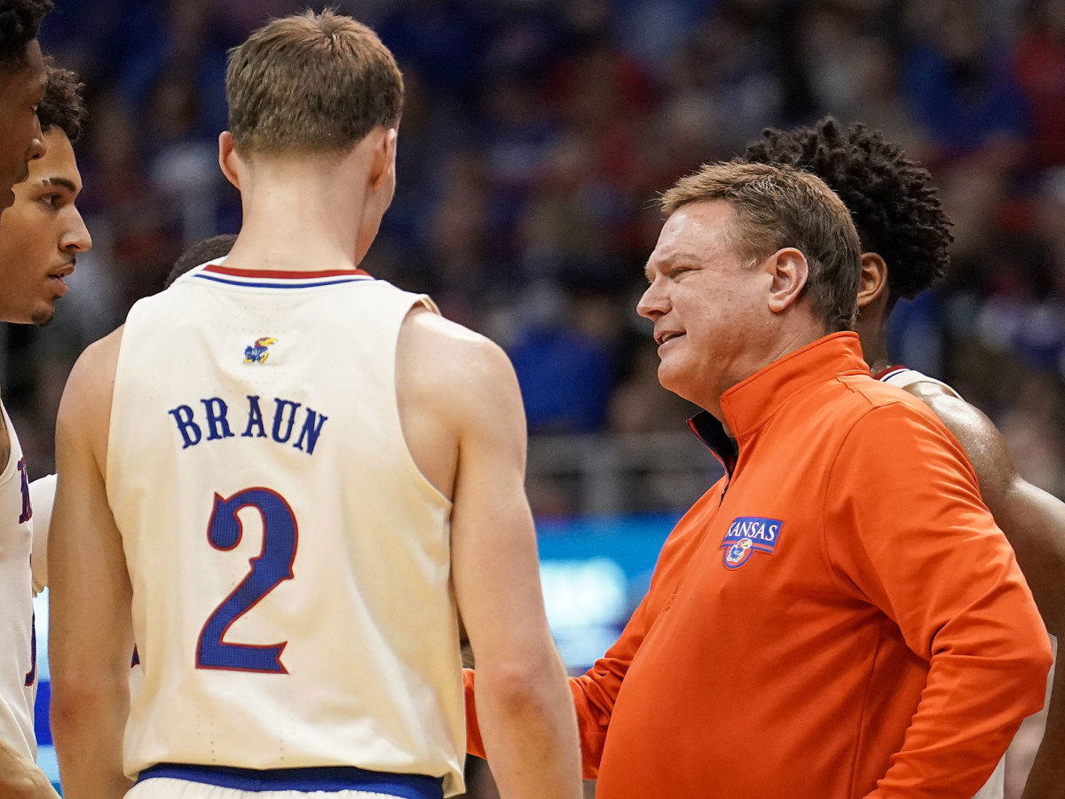 Kansas coach Bill Self talks to his players