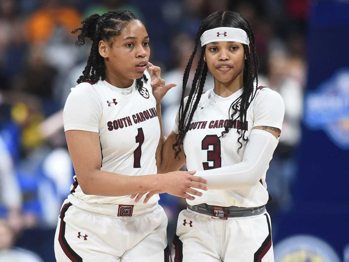 South Carolina guards Zia Cooke (1) and Destanni Henderson (3) encouraging each other during the SEC women’s basketball championship