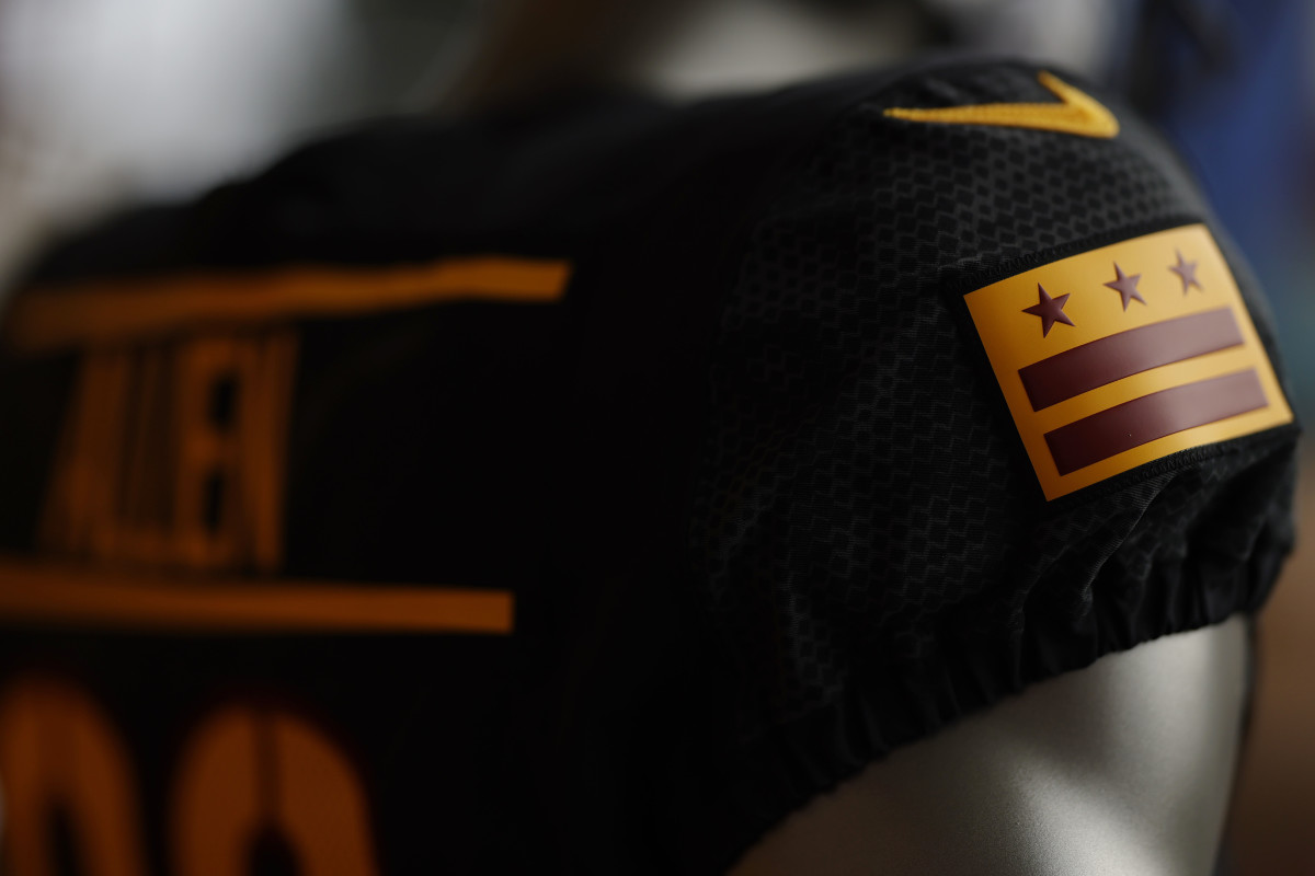 A detailed view of a new uniform during a press conference revealing the Washington Commanders as the new name for the formerly named Washington Football Team at FedEx Field.