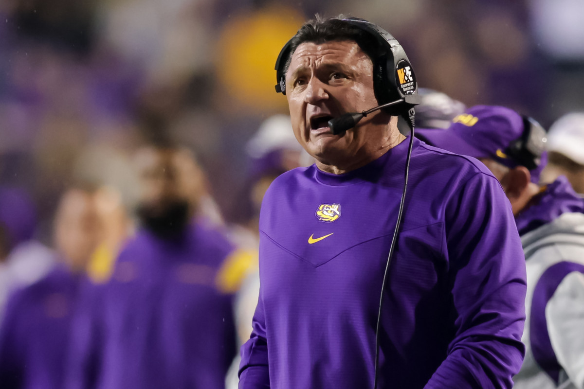 LSU Tigers head coach Ed Orgeron looks on during the first half against the Texas A&M Aggies at Tiger Stadium. Orgeron was included in a Title IX law suit against the university that alleged ignoring and covering up reports of rape and sexual harassment by athletes.