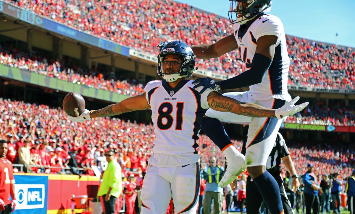 Oct 28, 2018; Kansas City, MO, USA; Denver Broncos wide receiver Tim Patrick (81) celebrates with wide receiver Courtland Sutton (14) after scoring a touchdown against the Kansas City Chiefs in the first half at Arrowhead Stadium.