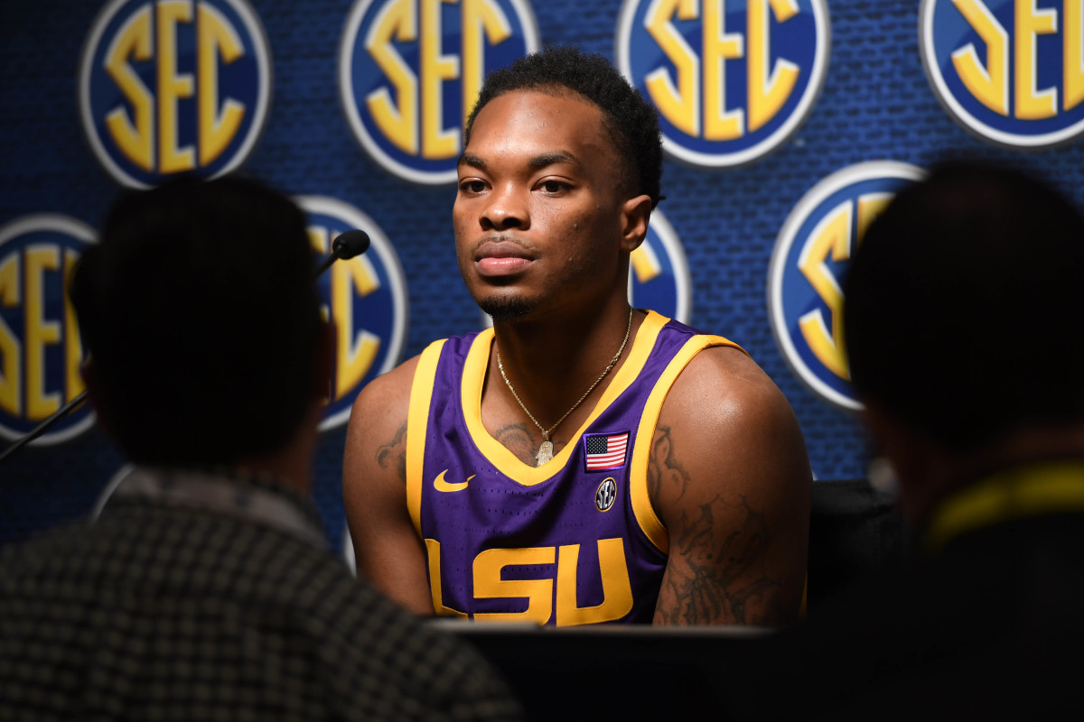 LSU Tigers guard Javonte Smart speaks at the SEC basketball tipoff at Grand Bohemian Hotel Mountain Brook. Wade was allegedly caught on wire tap talking to middle man Christian Dawkins discussing payment arrangements for Smart and how Smart's family worked into the equation. Smart was one of at least 11 players Wade allegedly offered impermissible benefits.