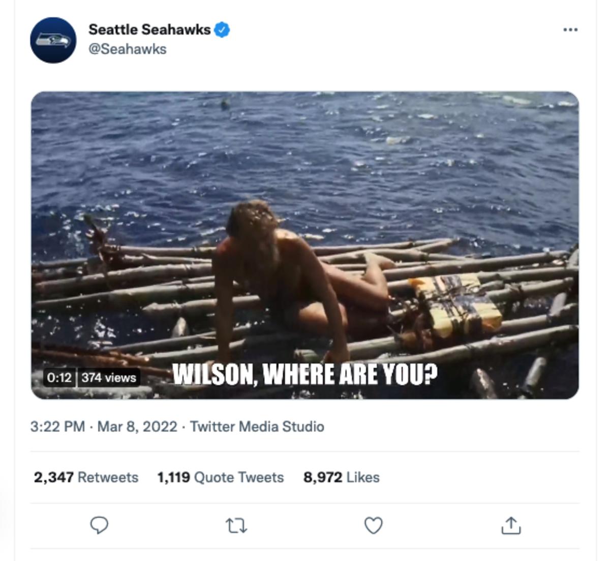 The Seahawks tweeted a video from Cast Away, mocking the trade they made that sent Wilson to the Broncos.