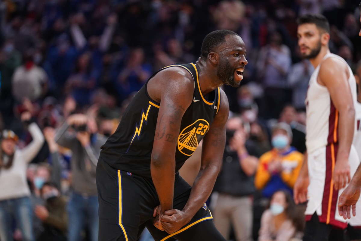 Jan 3, 2022; San Francisco, California, USA; Golden State Warriors forward Draymond Green (23) reacts after the Warriors made a basket against the Miami Heat in the fourth quarter at the Chase Center. Mandatory Credit: Cary Edmondson-USA TODAY Sports