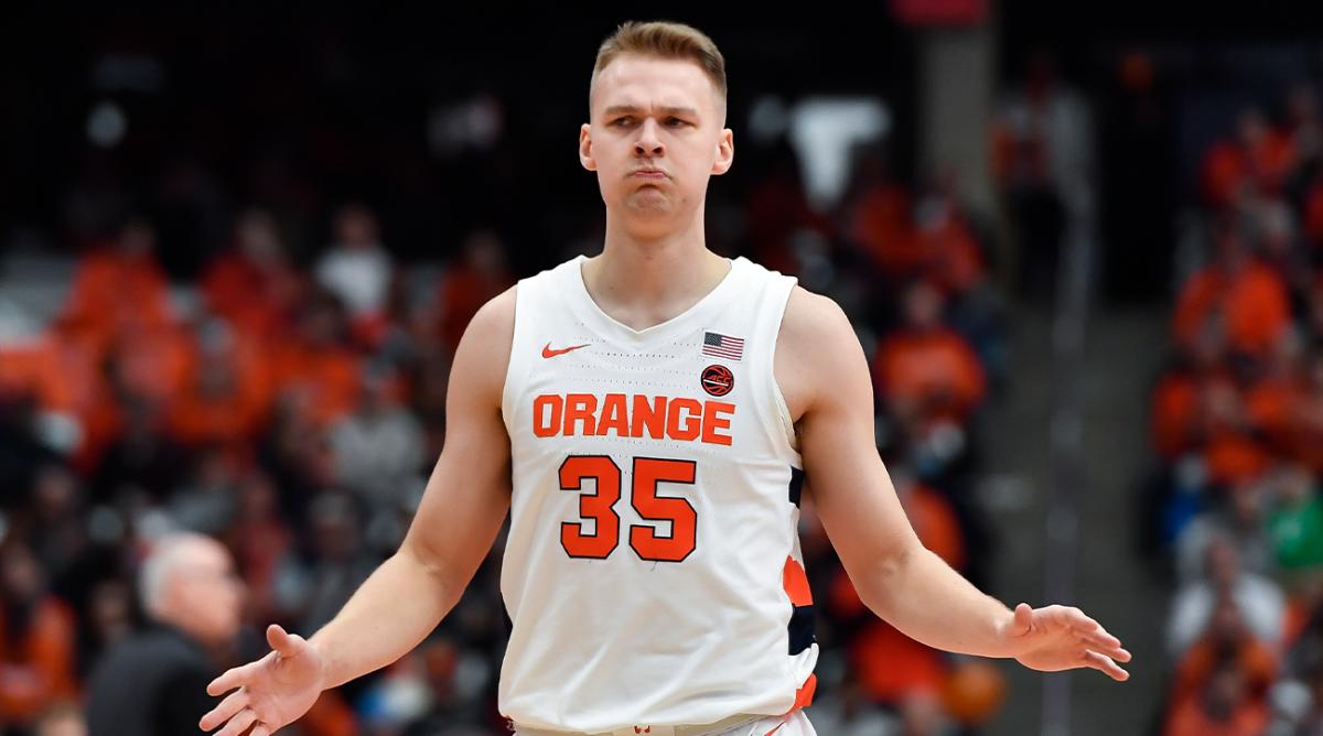 Syracuse guard Buddy Boeheim reacts after scoring against Miami during the first half of an NCAA college basketball game in Syracuse, N.Y., Saturday, March 5, 2022.