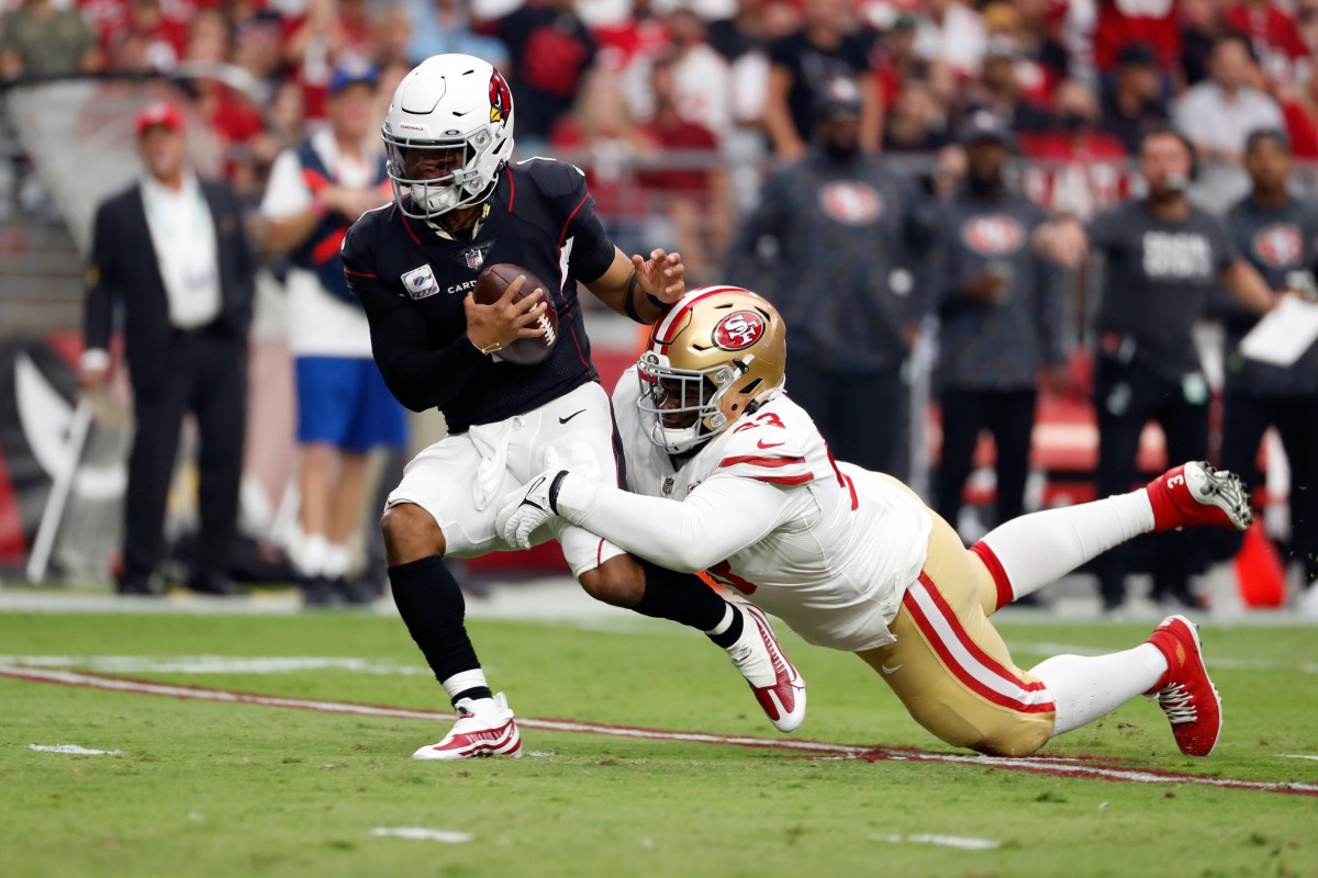 San Francisco 49ers defensive tackle D.J. Jones (93) tackles Arizona Cardinals quarterback Kyler Murray (1). Mandatory Credit: Chris Coduto-USA TODAY Sports