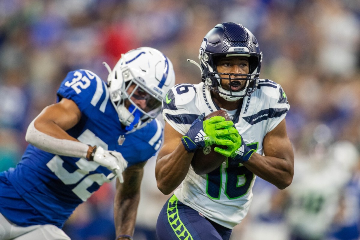 Sep 12, 2021; Indianapolis, Indiana, USA; Seattle Seahawks wide receiver Tyler Lockett (16) catches the ball in the second quarter against the Indianapolis Colts at Lucas Oil Stadium. Mandatory Credit: Trevor Ruszkowski-USA TODAY Sports